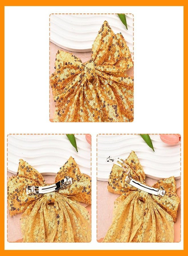 Kefley Gold Hair Bow Clips Barrettes Big Sequin Cheer Hair Bows with Long Tail Bowknot Hair Clips Ponytail Holders for Women Girls Ball Cheerleader Hair Accessories for Ball Party - Image 4